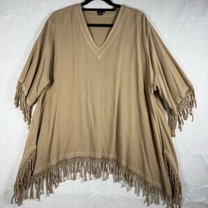 Women’s V-Neck Fringe Tunic Top in Tan